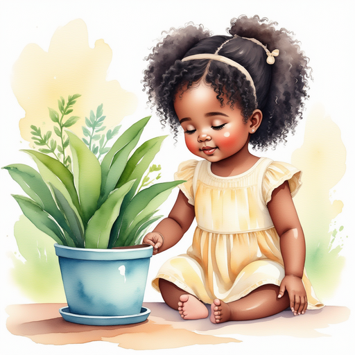 Ava finding a green crayon in a flower pot.