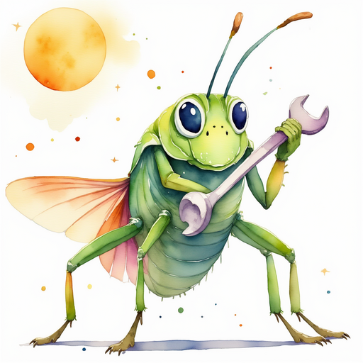 Buzzywhirl holds a tiny wrench. In the background, the warm sun shines.