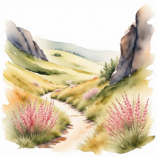 A worn, winding path spirals upward toward rocky cliffs. In the background, rolling hills dotted with wild heather.