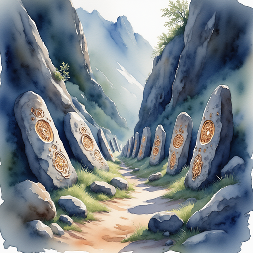 Row of runic stones carved with swirling shapes, each gently glowing. In the background, a rocky path along the mountainside