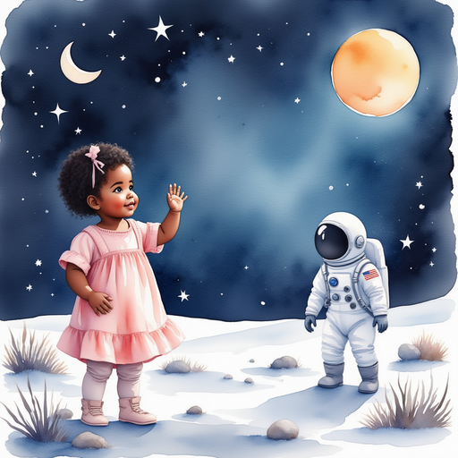 Ava waving at the astronauts on the moon.