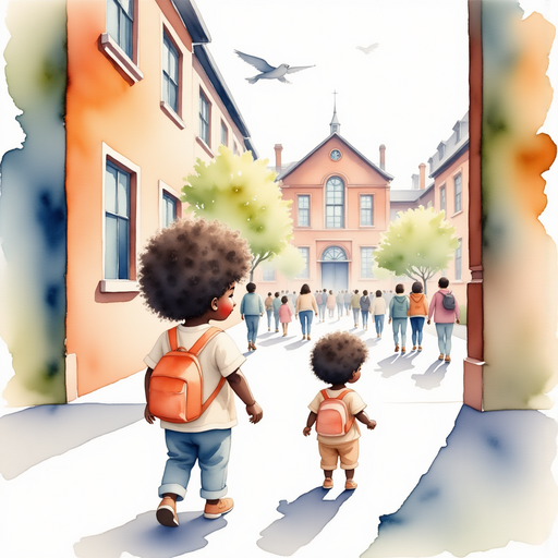 A cheerful little boy stands excitedly at the entrance of a large school building, wearing a backpack that looks slightly too big for him. In the background, the silhouette of the school building is seen bustling with students and faculty entering for the day.