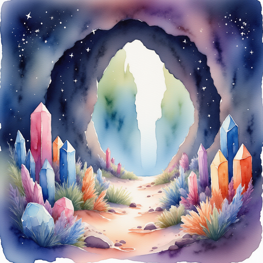 A hidden cave glistens with colorful crystals, catching the light from the entrance. In the background, the shadows of the cave walls loom mysteriously.
