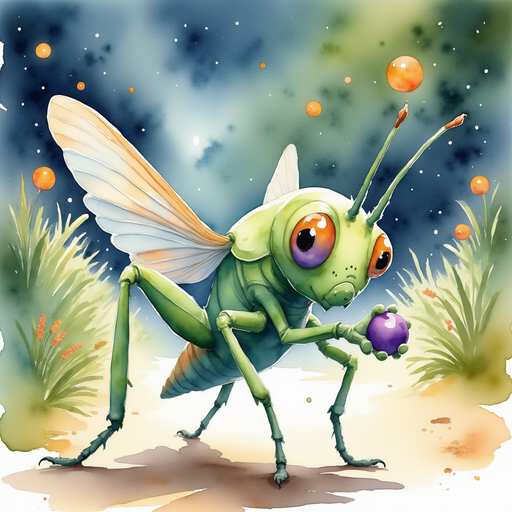 Buzzywhirl softly nodding, holding a small trinket in his hand. In the background, the glow of distant lanterns illuminates the garden path.