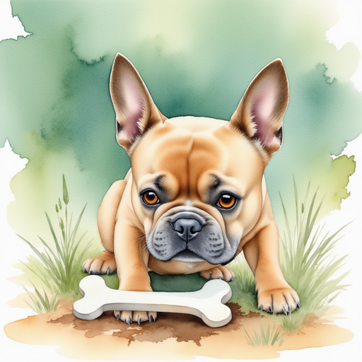 Milo - a French Bulldog -digging up a shimmering bone in the park.