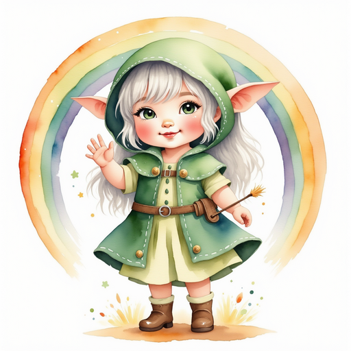 Flicker Sparkleaf waves with a playful grin, holding a tiny wand. In the background is the colorful rainbow arch.