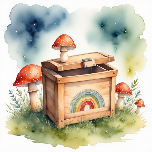 A small wooden box with rainbow swirls on its lid. In the background, tiny mushrooms glow by the trunk.