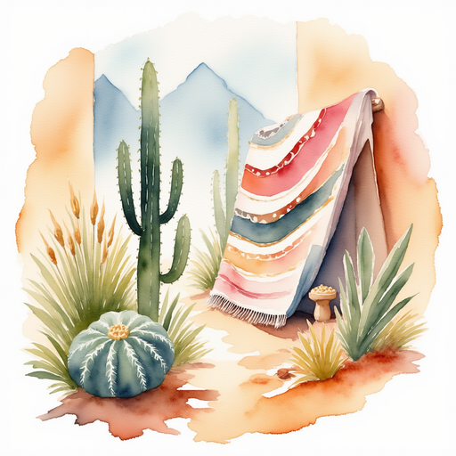 Show the bright woven blanket with tiny mirrors catching the sunlight. In the background, a small cactus stands by the stall.