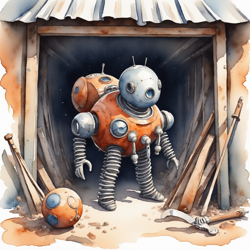 A peculiar, dusty machine with long springs and a silver helmet resting in an old shed. Shadows of cobwebs and rusty tools