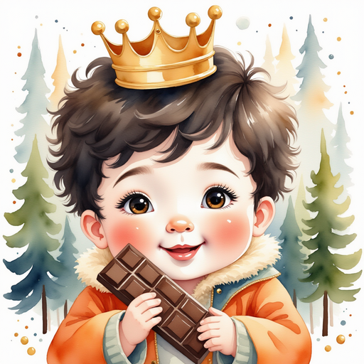 Show King Doodle Bum holding a big chocolate bar. In the background, there is a tall candy cane forest.