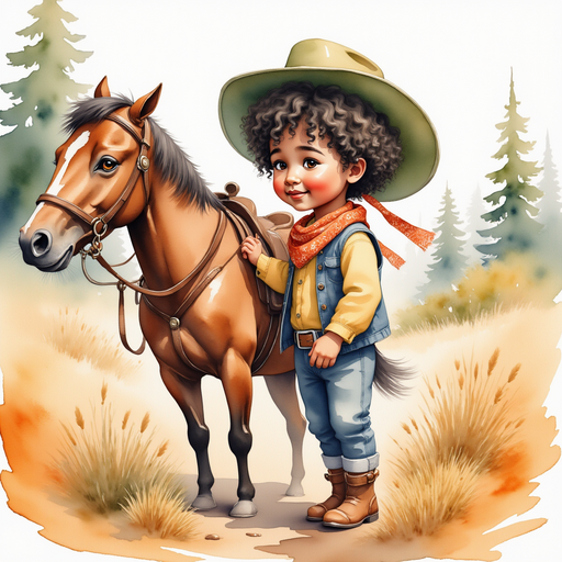 Cactus Cody petting his horse’s shoulder, adjusting bright ribbons. In the background towering pine trees sway in the breeze