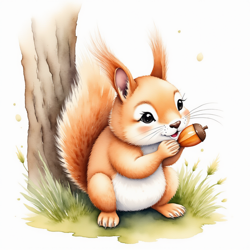 A cheeky Squirrel nibbling on an acorn, tail flicking with excitement. In the background, knotted tree roots twist together.