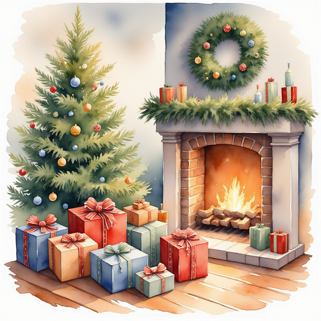 Christmas presents wrapped under a tree next to a fireplace