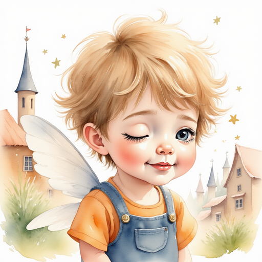 The adorable boy fairy with tousled blond hair and a crisp blue steampunk vest, his mischievous charm evident. In the background, a village ready for a celebration, with hints of festive decorations.