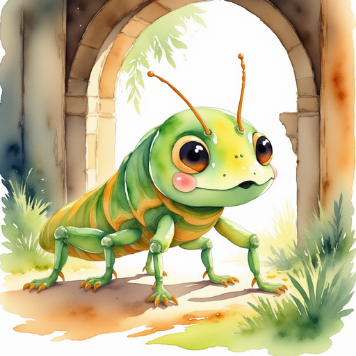 Leo the grasshopper, full of excitement, standing next to the dusty machine as sunlight streams in. Sunbeams filtering through broken shed roof