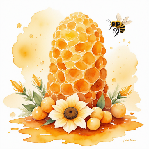 A towering honeycomb draped with golden honey In the background, swaying petals
