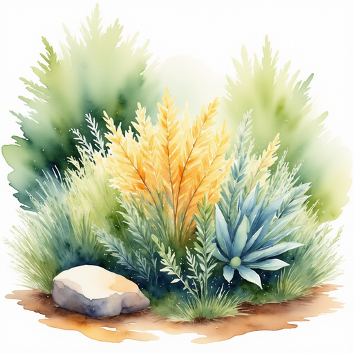 Illustrate a colorful bush with a small stone beside it. In the background, lush greenery surrounds the bush.
