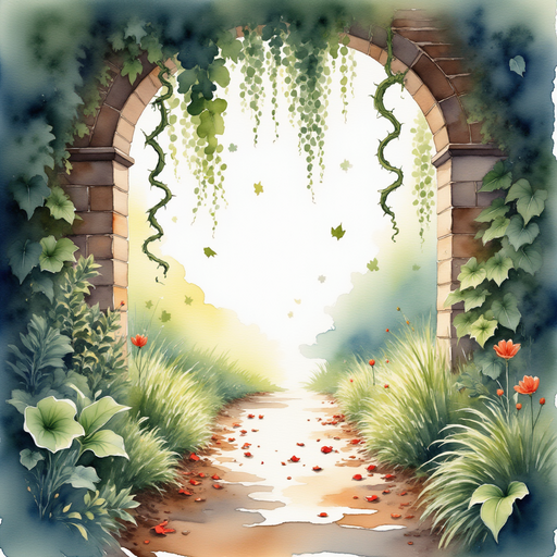 Dark, tangled vines with thorns curling across the garden path. In the background, fallen petals scattered on the ground.