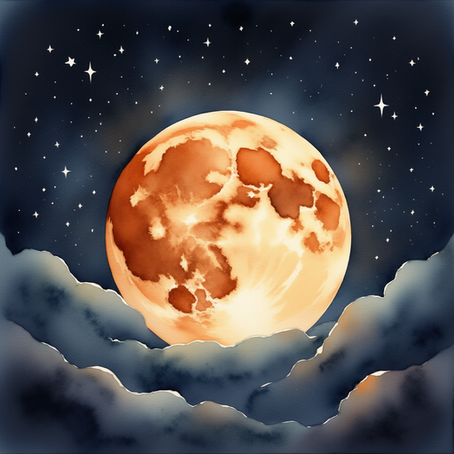 Depict the moon glowing in rich brown tones against the night sky, shining brightly. In the background faint stars twinkling across a dark sky