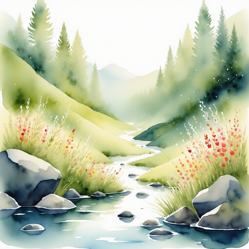 A melody-charmed glowing pebble from the stream. In the background, a cheerful valley where flowers sing and trees giggle in a light breeze.