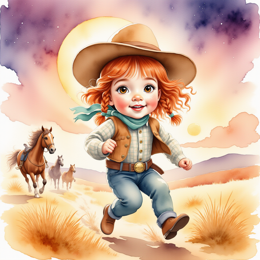 Calamity Kate racing across a golden prairie, gripping the reins of her horse with determination In the background, the sun sets in a swirl of purple and orange clouds