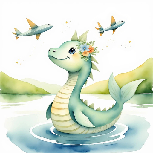 Nessie Sparkles gazing up at the planes overhead, her eyes shining with wonder. In the background are rolling green hills and a calm blue lake.