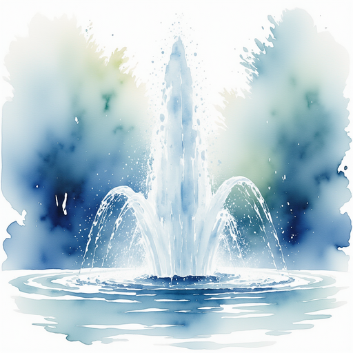 A sparkling fountain with water droplets leaping into the air. In the background, swirling breezes carry silvery mist.
