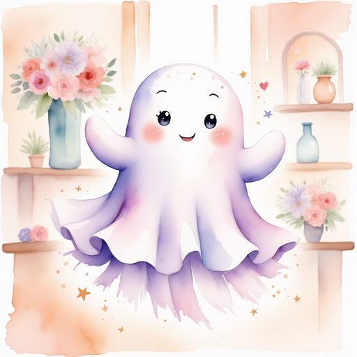 Glimmer Puff twirling in the air with tiny sparkles around. In the background a wooden shelf with a vase of flowers
