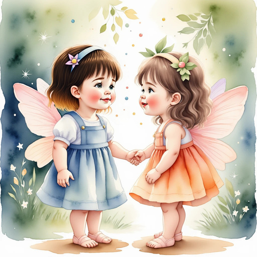 Fairies with luminous wings whisper secrets about a hidden garden to Rose. Sparkling fairy lights softly illuminating the room.