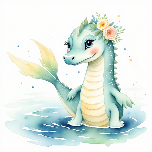 Nessie Sparkles peeks out of the water with a bright, friendly gaze. In the background, gentle ripples spread across the loch.