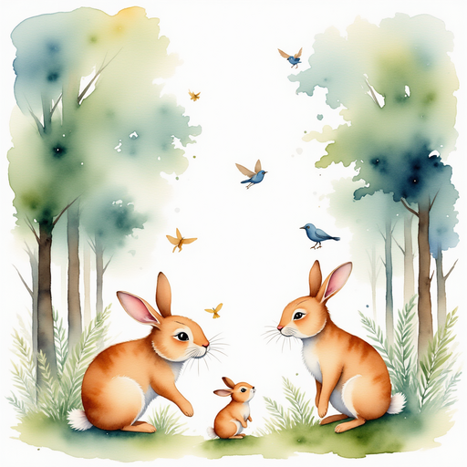 A group of woodland creatures, including rabbits and birds, gathered around playfully among the trees. tall, mysterious trees whispering in the breeze