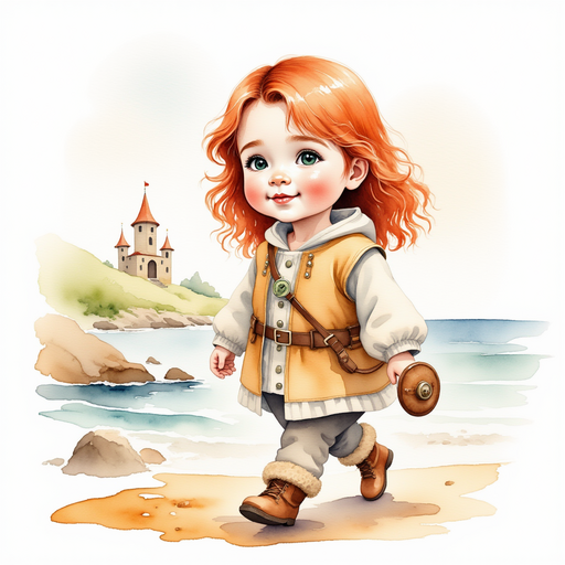 Bolda walks purposefully toward the distant marble tower, her compass swinging from her neck. In the background is a gentle slope of seaside rocks.