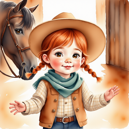 Calamity Kate stands with her arms out, facing Rusty, who gently shakes his mane. In the background, sunlight filters through gaps in the barn walls.