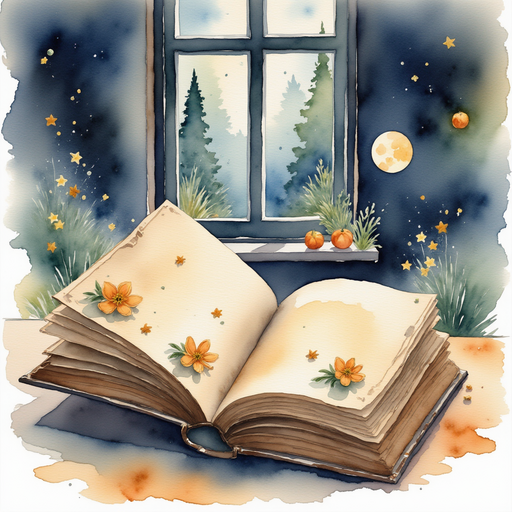 A dusty old book with golden flowers on the cover propped open. In the background, a tall window shining moonlight.