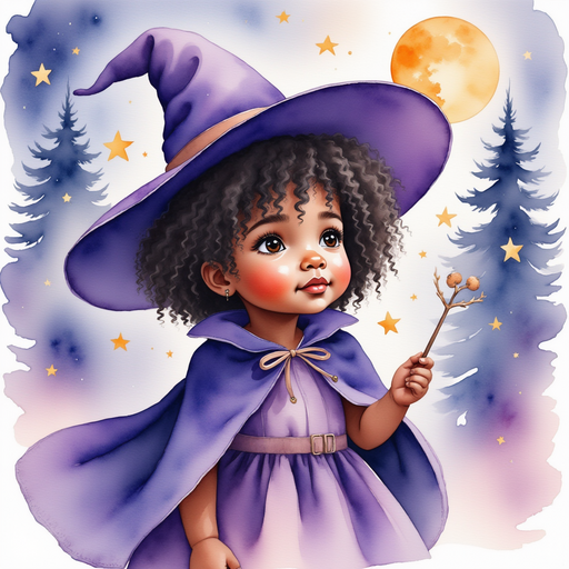Willow Charms - who is black - looks up with worry, waving her wand at the sleepy stars. In the background, the moon looks bright above the darkening treetops.