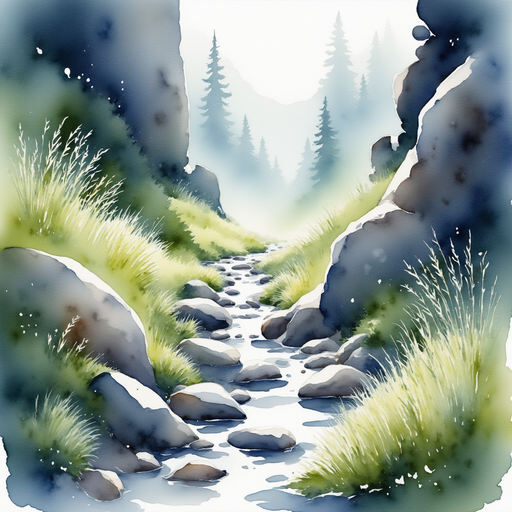 Sharp gray rocks rest on the slippery trail. In the background, glistening droplets