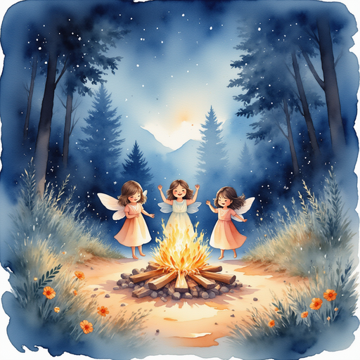 Small campfire with 5 tiny fairies dancing at night