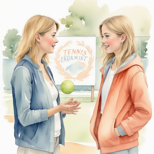 Vivian's coach talking to her, with a tennis tournament poster in the background.