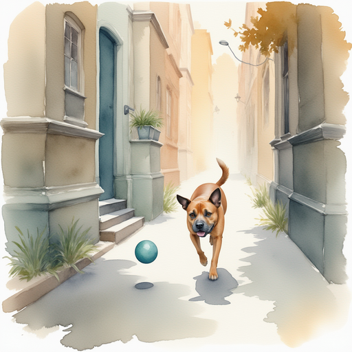 Milo running out of the alley with the ball, Whiskers chasing after him.