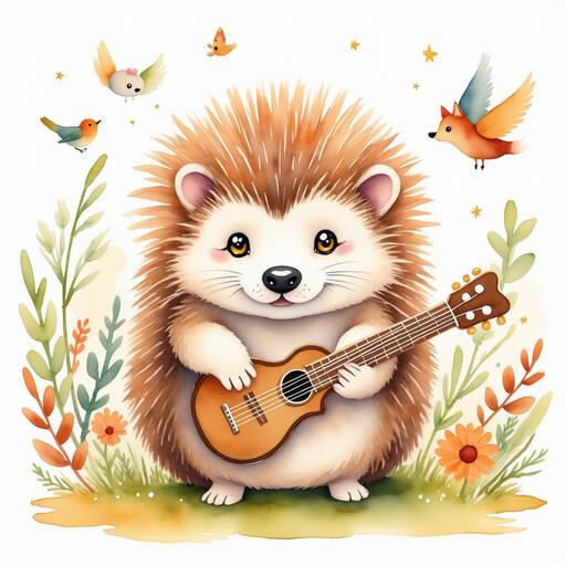 Henry playing his leaf guitar amidst animals gathered in the enchanting meadow, creating joyful music. In the background, a lively gathering of various forest creatures, from birds to foxes.