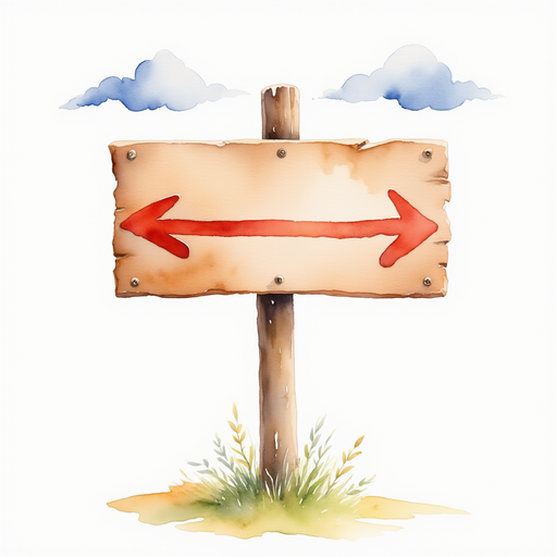 A wooden sign with a bright red arrow. In the background, puffy white clouds