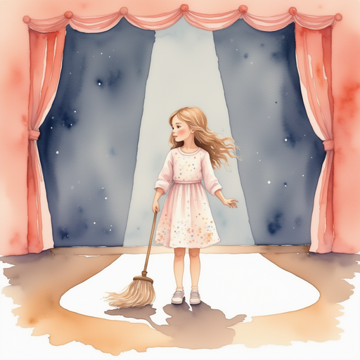 Vivian using a mop on a theatre stage.