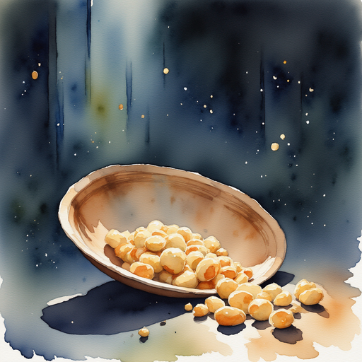 A single wooden plate lying upside down on the floor In the background, a cluster of spilled crumbs glow in the torchlight.