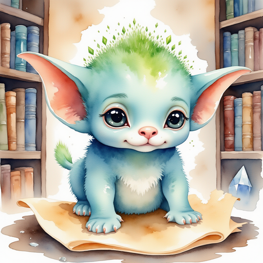 Zibloo turns the pages of a parchment scroll, antennae twitching with curiosity. In the background, sturdy bookshelves brim with rolled parchment and glowing crystals.