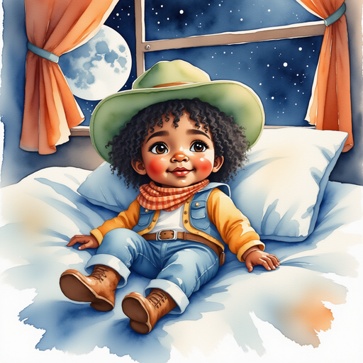 Show Cactus Cody - who is black - is lying in bed with his hat pulled over his eyes, clearly wide awake. In the background, a window reveals a moonlit night beyond the curtains.
