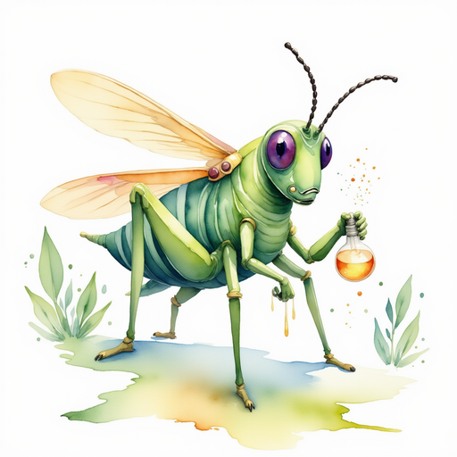 Buzzywhirl holds a small beaker, tinkering with a sprayer. In the background, bubbling streams reflect specks of sunlight.