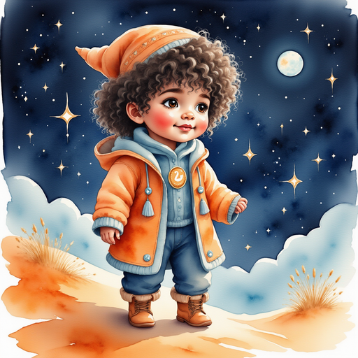Zippy Zapata stands on a tall dune, gazing at the shimmering sand. In the background, countless stars twinkle in a dark sky.