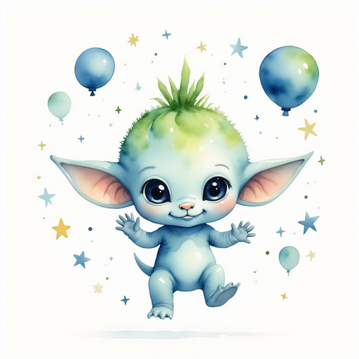 Zibloo jumping up with arms raised. In the background floating star balloons shimmer.