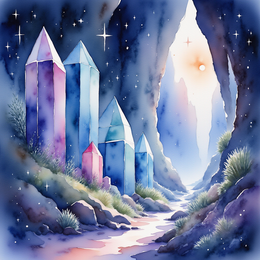 One glowing gemstone rests in a small crevice, reflecting countless prisms. In the background, more radiant crystals line the cave walls.