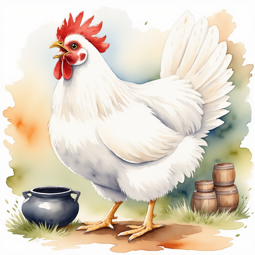 Cluckster stands near a tipped cauldron, wings raised in surprise. In the background, there is a stack of barrels near a cottage porch.